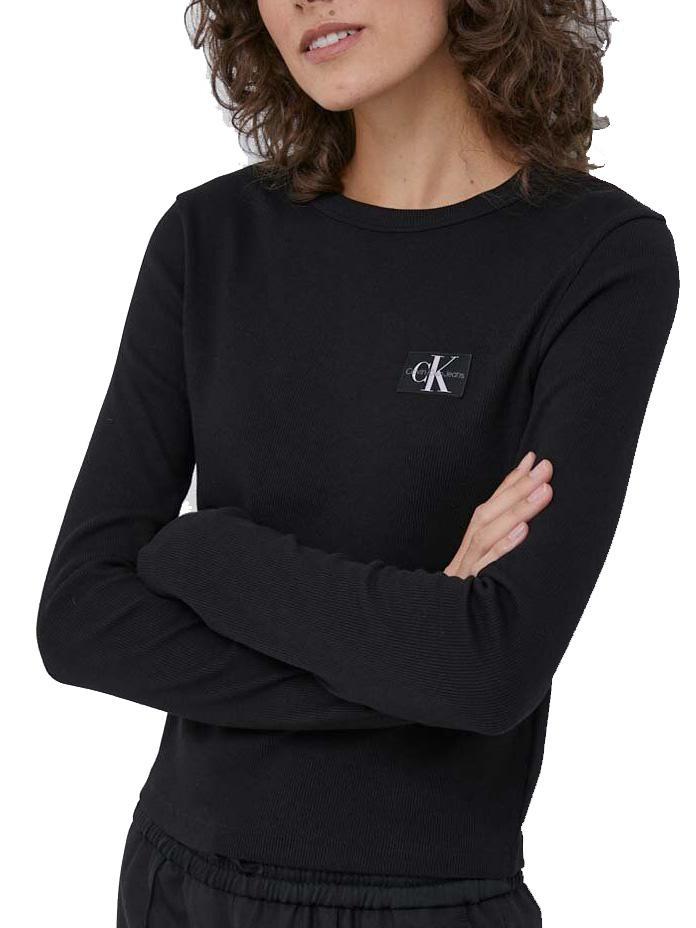 Calvin Klein Woven Label Langarm-Shirt Schwarz- Sleeve Zu Rib Ck Outlet-Preisen! Einkaufen Long