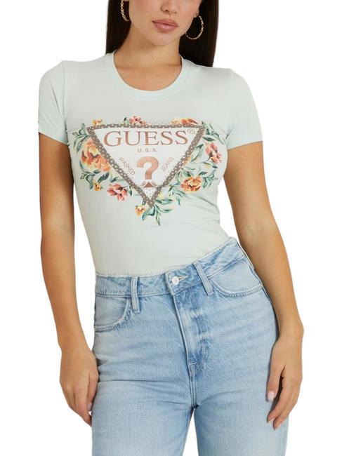 GUESS TRIANGLE FLOWERS T-Shirt aus Stretch-Baumwolle nebliges Blaugrün - T-Shirts und Tops für Damen