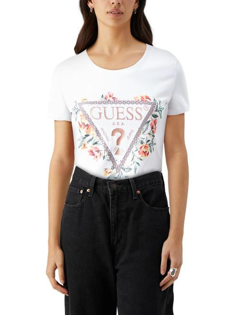 GUESS TRIANGLE FLOWERS T-Shirt aus Stretch-Baumwolle purweiß - T-Shirts und Tops für Damen