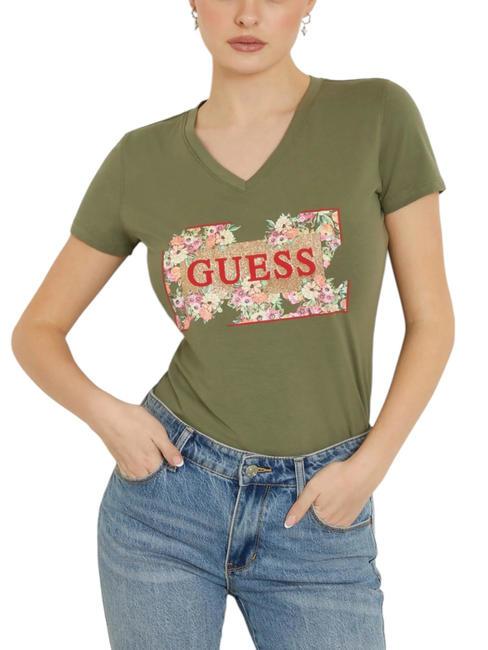 GUESS LOGO FLOWERS T-Shirt aus Stretch-Baumwolle Flechtenblatt grün - T-Shirts und Tops für Damen