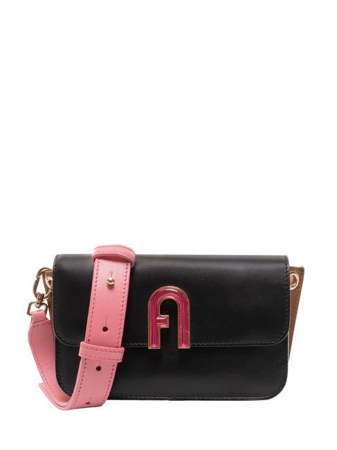 FURLA GEMMA Mini-Schultertasche aus Leder Schwarz+Seerose+Cognac h - Damentaschen