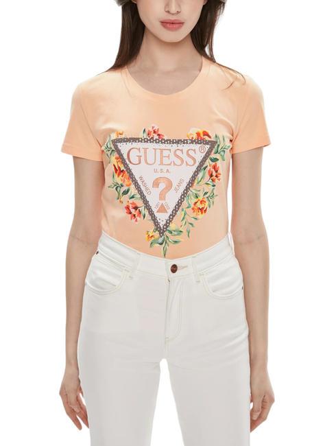 GUESS TRIANGLE FLOWERS T-Shirt aus Stretch-Baumwolle Pfirsichhimmel - T-Shirts und Tops für Damen