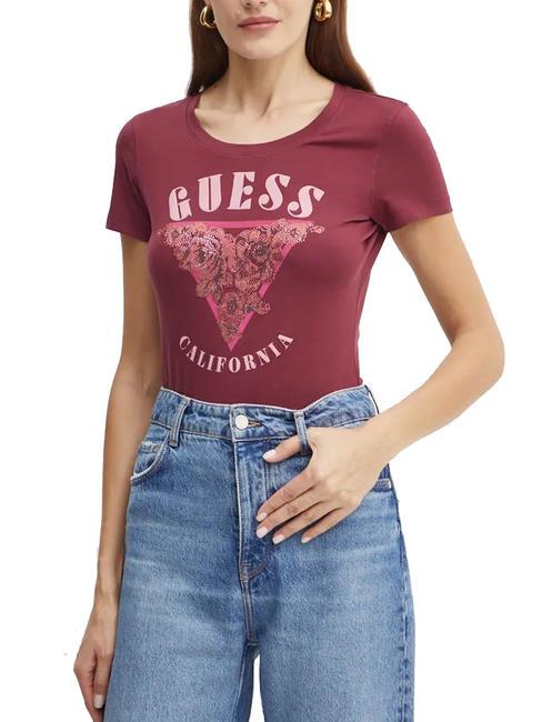 GUESS ROSES TRIANGLE Baumwoll-T-Shirt mit Aufdruck und Strasssteinen Burgunderrot - T-Shirts und Tops für Damen