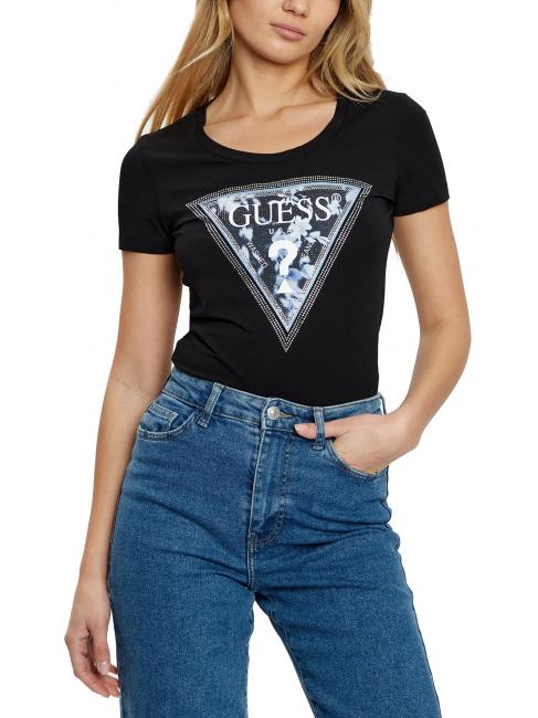 GUESS SS CN TRIANGLE FLOWER Baumwoll-T-Shirt jetbla - T-Shirts und Tops für Damen