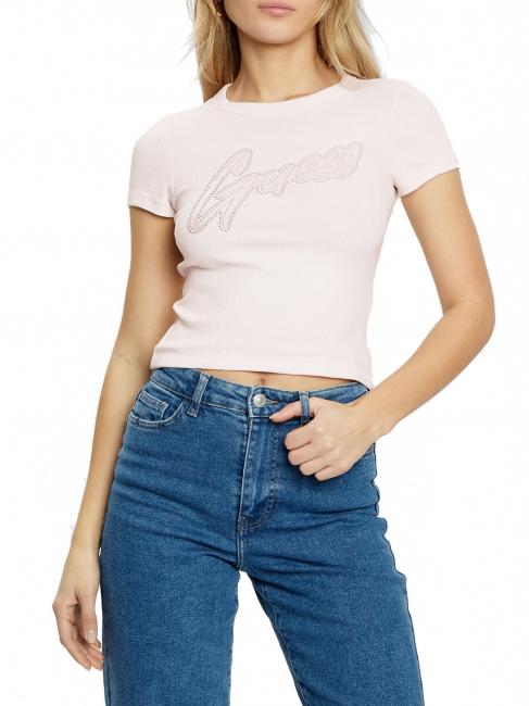 GUESS SS CN RIB LOGO Kurzarm-T-Shirt Zurückhaltendes Rosa - T-Shirts und Tops für Damen